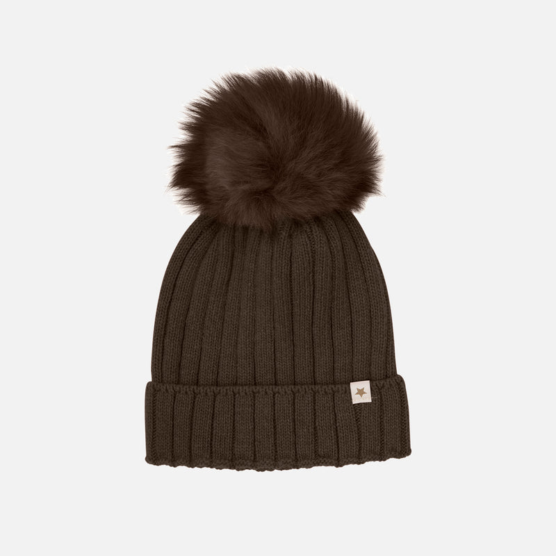 Merino Wool & Alpaca Pom Pom Hat - Dark Brown Melange