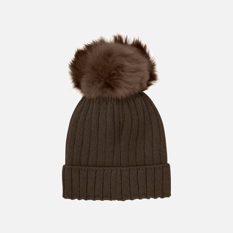 Merino Wool & Alpaca Pom Pom Hat - Dark Brown Melange