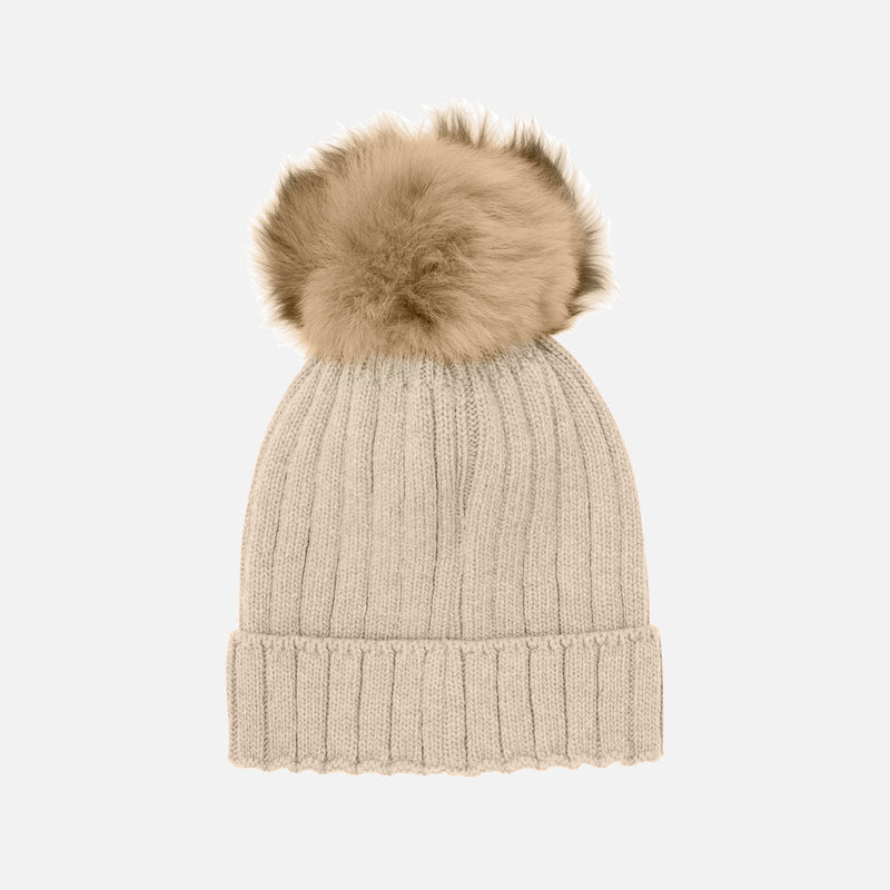 Merino Wool & Alpaca Pom Pom Hat - Sand melange