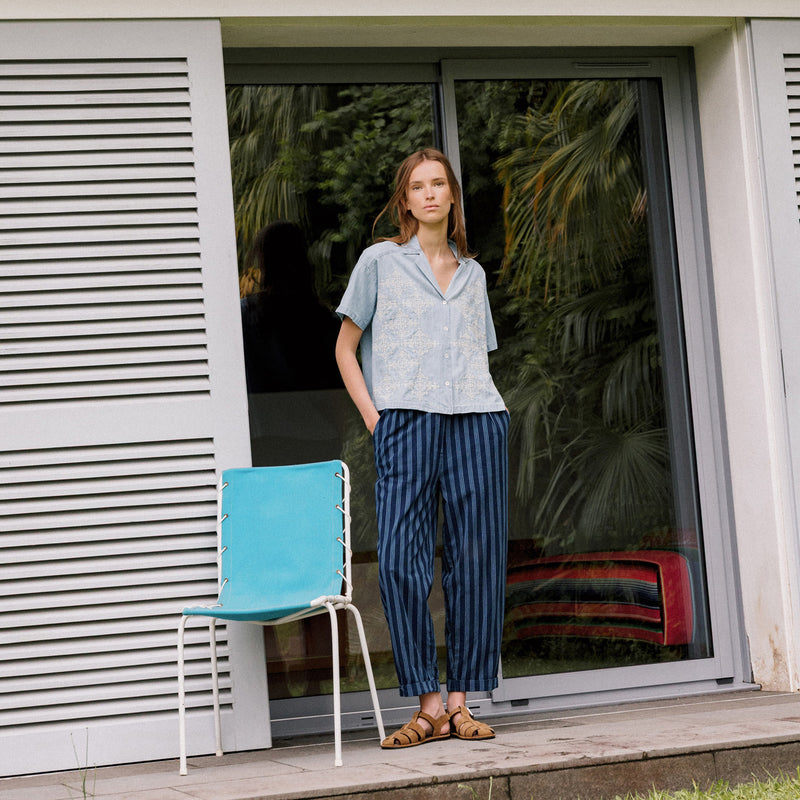 Women's Cotton/Hemp Baggy Trousers - Indigo Stripe