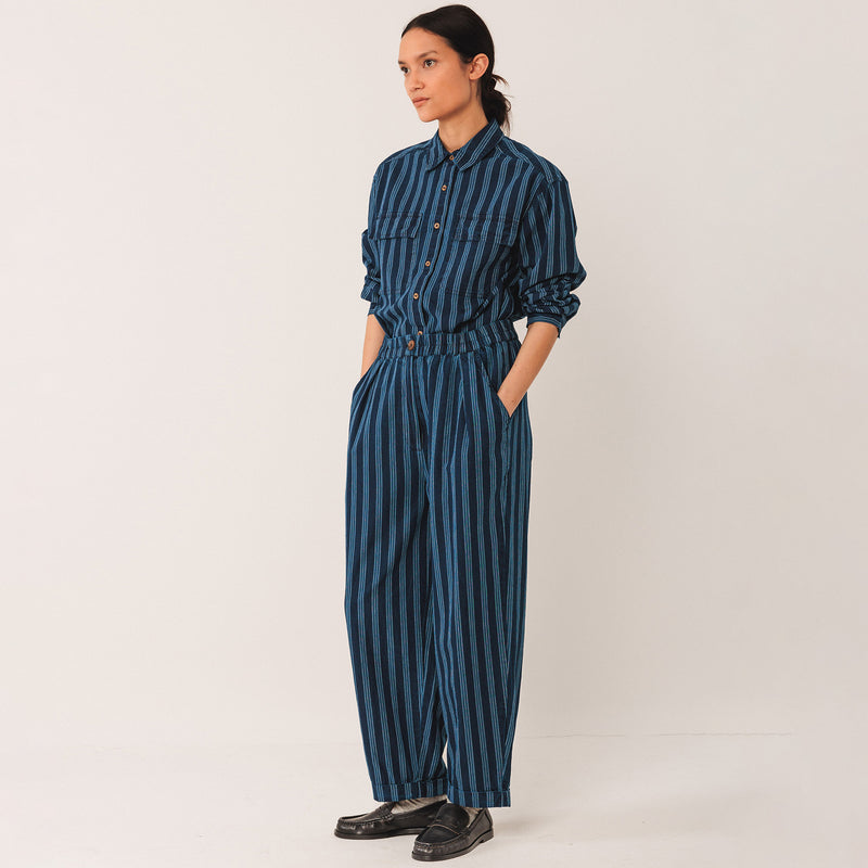 Women's Cotton/Hemp Baggy Trousers - Indigo Stripe