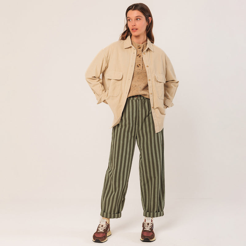 Women's Cotton/Hemp Baggy Trousers - Khaki Stripe