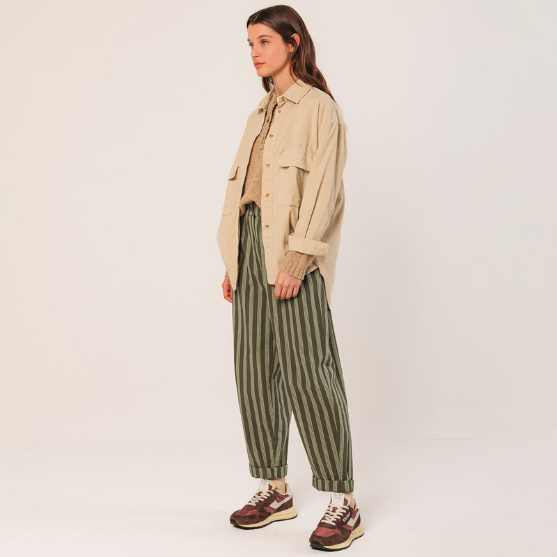 Women's Cotton/Hemp Baggy Trousers - Khaki Stripe