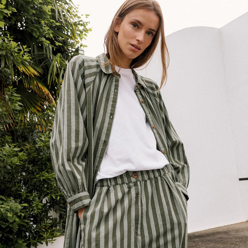 Women's Cotton/Hemp Baggy Trousers - Khaki Stripe