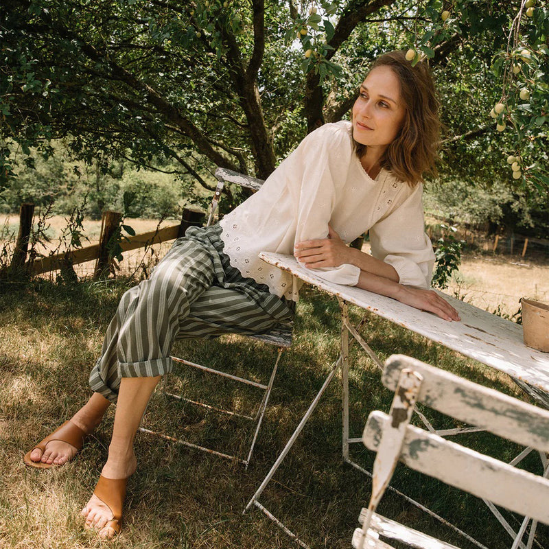 Women's Cotton/Hemp Baggy Trousers - Khaki Stripe