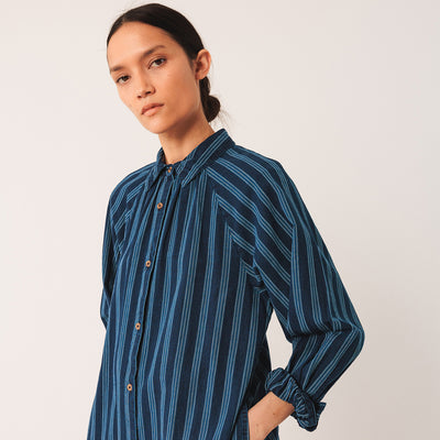 Women's Cotton/Hemp Oversize Shirt Dress - Indigo Stripe