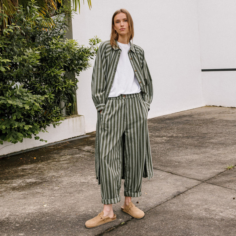 Women's Cotton/Hemp Baggy Trousers - Khaki Stripe