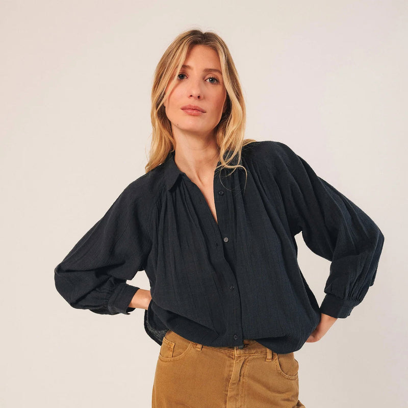 Women's Cotton Crepe Raglan Shirt - Navy