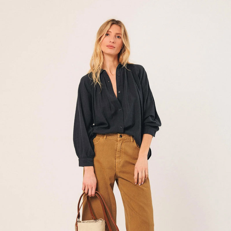 Women's Cotton Crepe Raglan Shirt - Navy