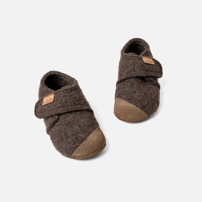 Toddlers Boiled Wool Toe Cap Slipper Shoe - Light Brown Melange