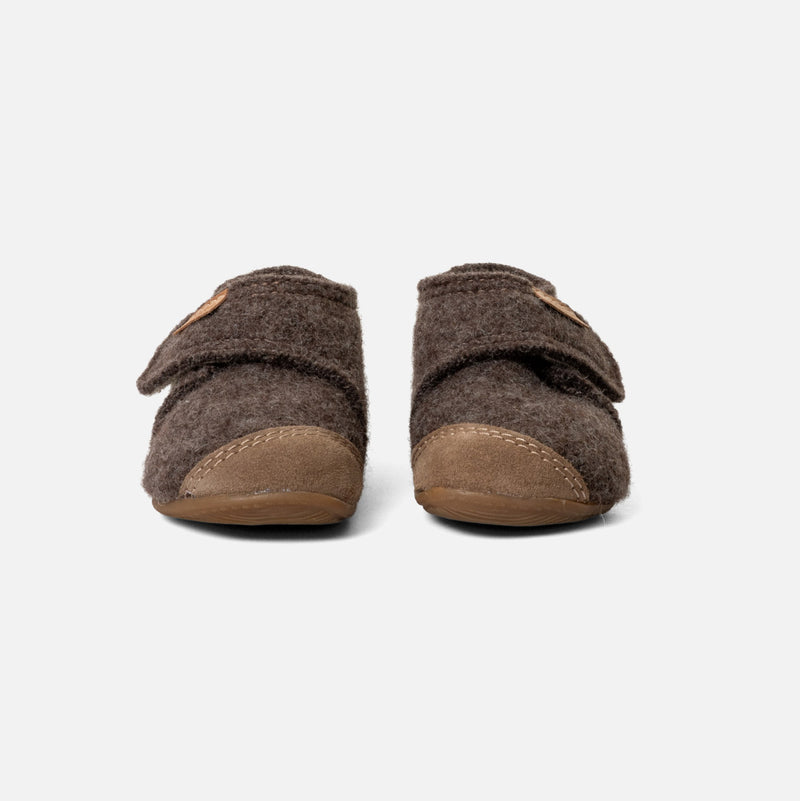 Toddlers Boiled Wool Toe Cap Slipper Shoe - Light Brown Melange