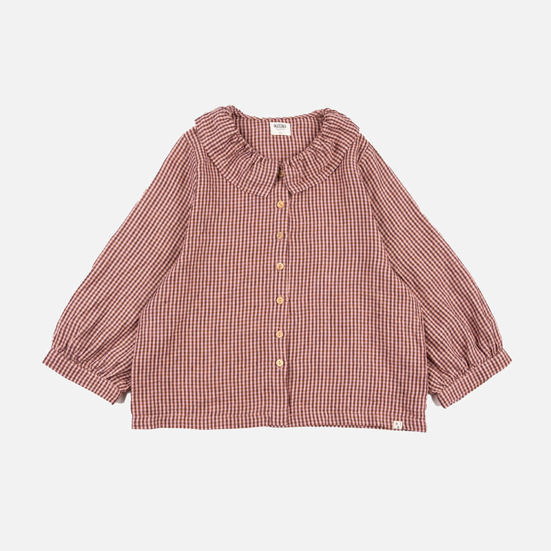 Women's Linen Ruffle Collar Blouse - Heather Check