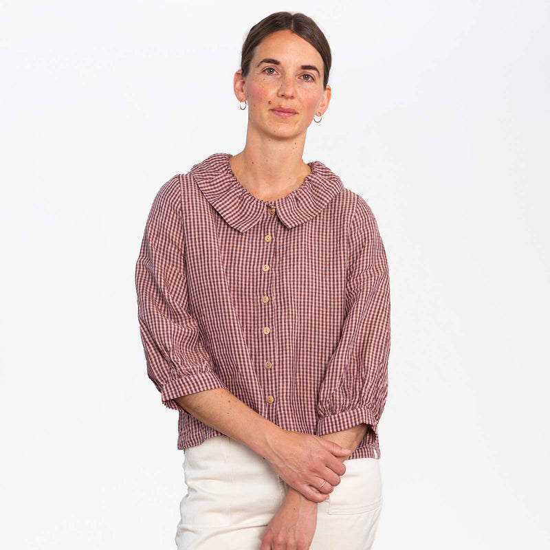 Women's Linen Ruffle Collar Blouse - Heather Check