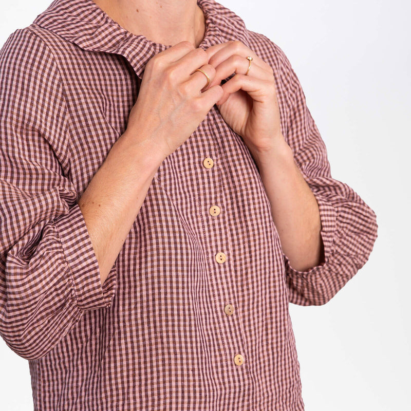 Women's Linen Ruffle Collar Blouse - Heather Check