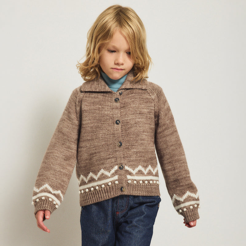 Kids Hand Knit Merino Wool Zig Zag Cardigan - Brut