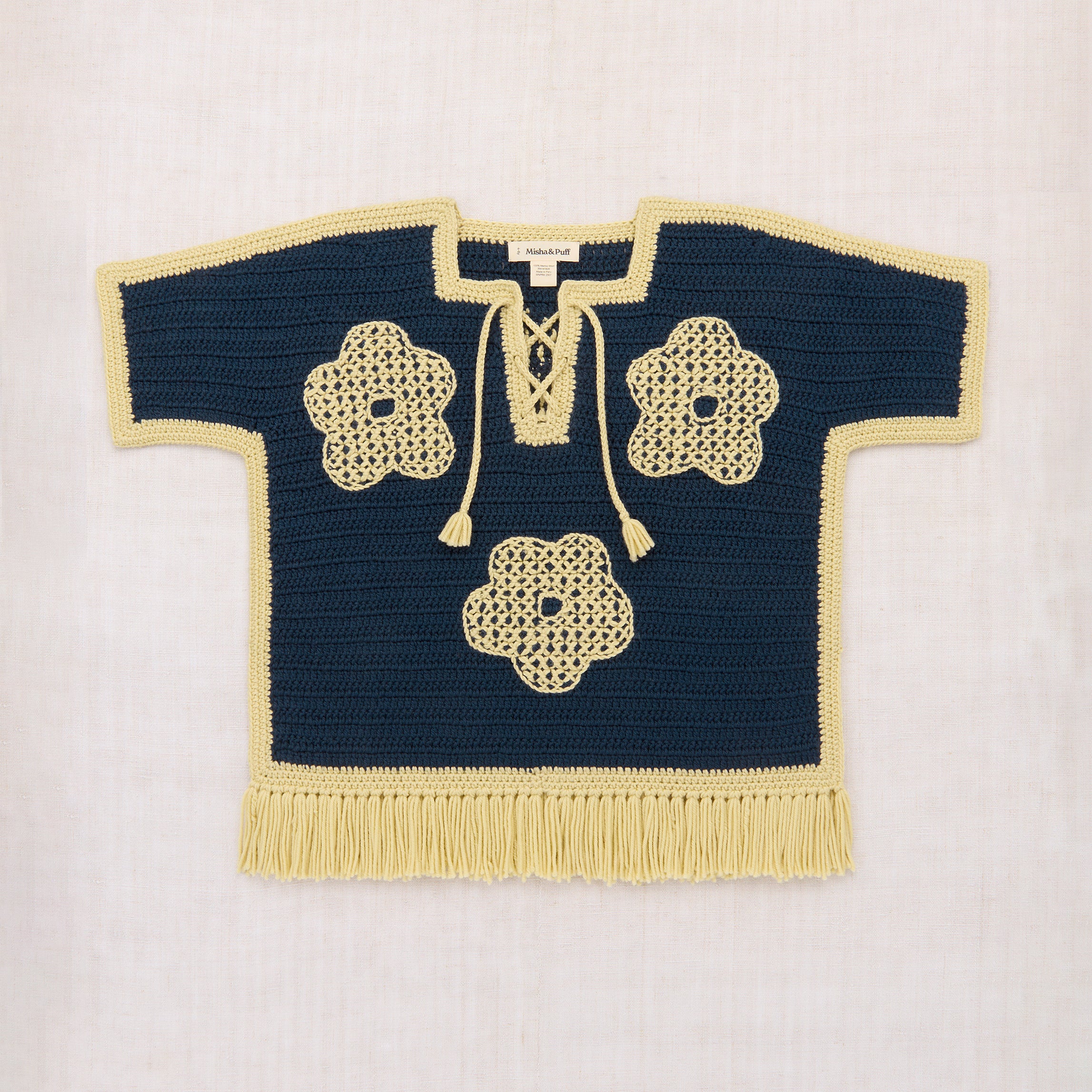 Merino Wool Crochet Blomma Fringe Poncho in blue in sizes 2y-10y