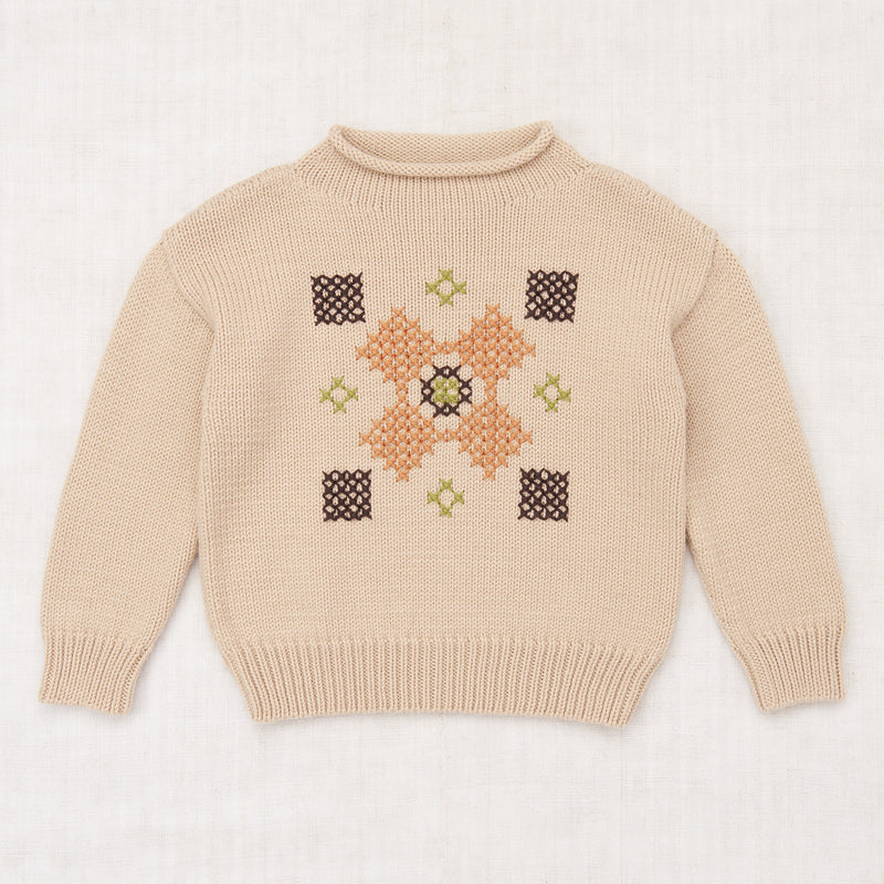 Merino Wool Cross Stitch Simple Sweater - Patina