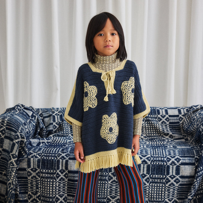 Merino Wool Crochet Blomma Fringe Poncho - Galaxy