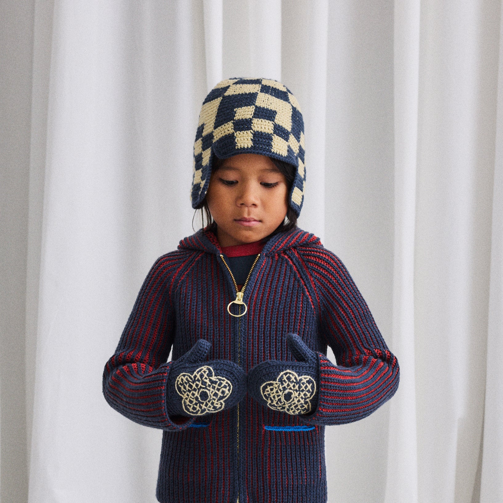 Merino Wool Crochet Checkered Rover Hat in blue in sizes 2y-8y
