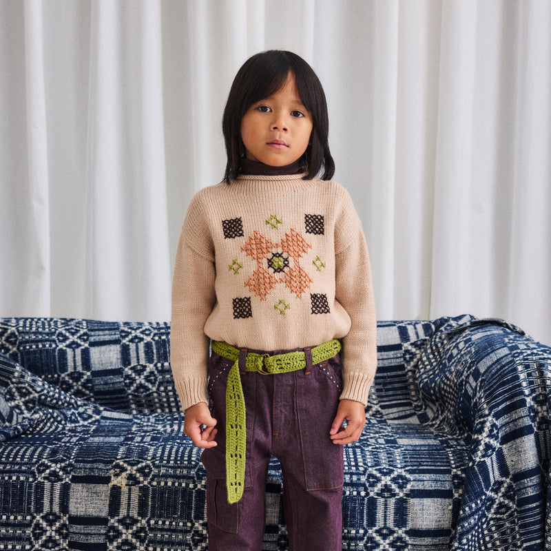 Merino Wool Cross Stitch Simple Sweater - Patina
