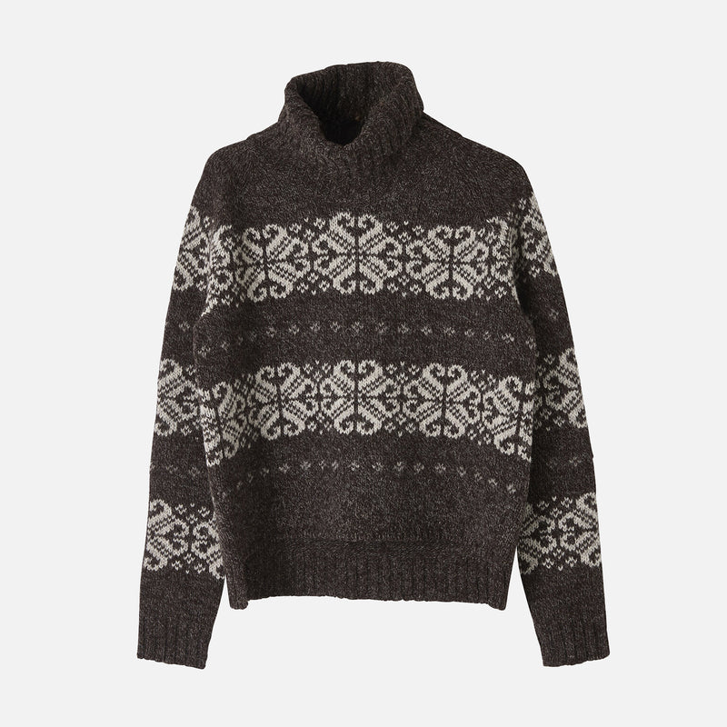 Women's Wool Folklore Polo Neck Sweater - Undyed Dark Brown