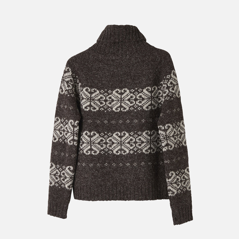Women's Wool Folklore Polo Neck Sweater - Undyed Dark Brown
