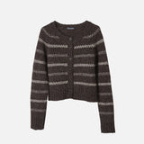 Handknit Women's Wool Raglan Stripe Cardigan - Undyed Dark Brown