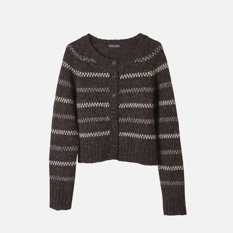 Handknit Women's Wool Raglan Stripe Cardigan - Undyed Dark Brown