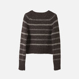 Handknit Women's Wool Raglan Stripe Cardigan - Undyed Dark Brown