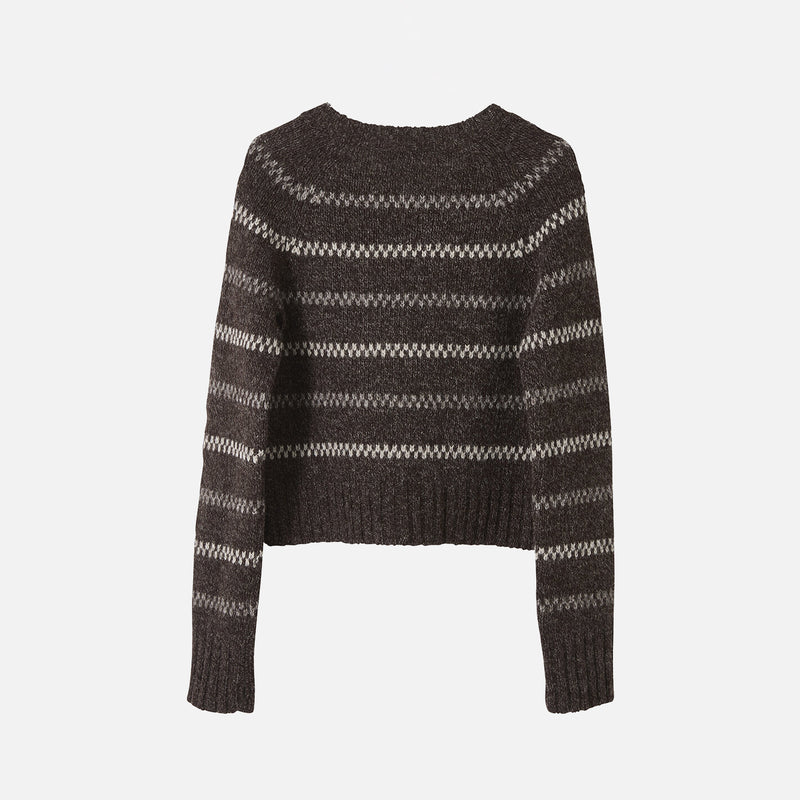 Handknit Women's Wool Raglan Stripe Cardigan - Undyed Dark Brown