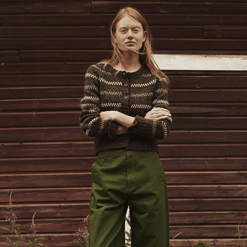 Handknit Women's Wool Raglan Stripe Cardigan - Undyed Dark Brown