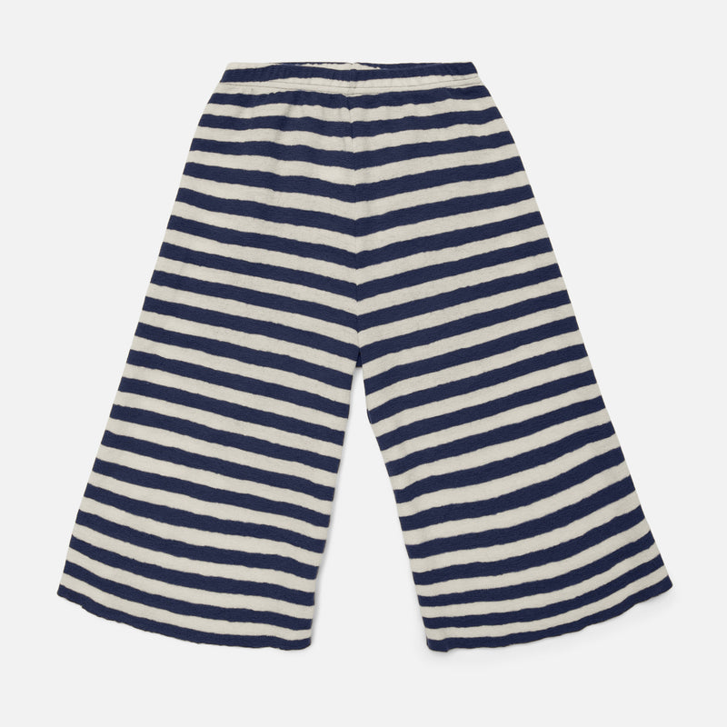 Merino Wool Crepe Wide Leg Trousers - Natural/Navy Blue Stripe