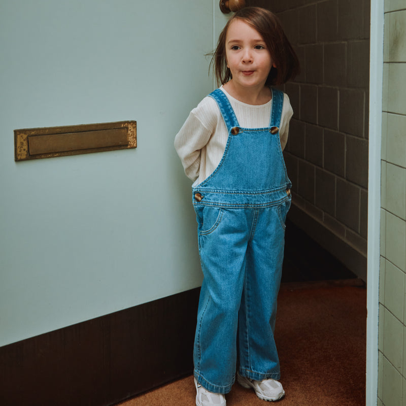 Cotton Denim Quetsch Dungarees - Light Blue