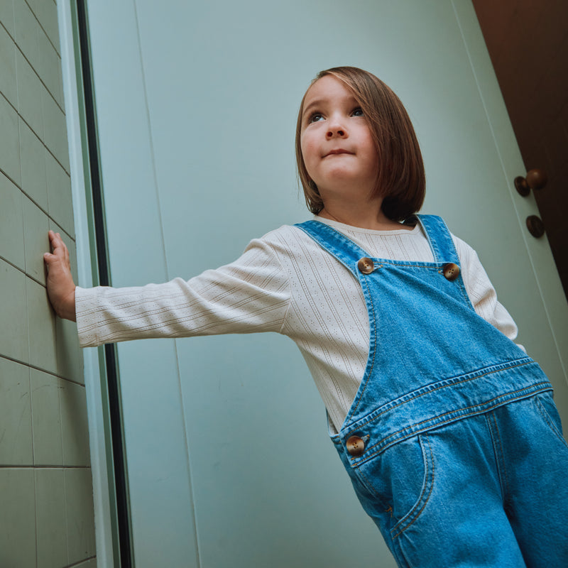 Cotton Denim Quetsch Dungarees - Light Blue