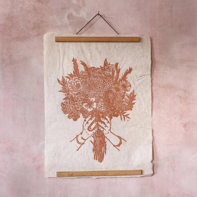 Handprinted Linocut Bunch of Blooms - Orange/Brown