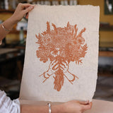 Handprinted Linocut Bunch of Blooms - Orange/Brown