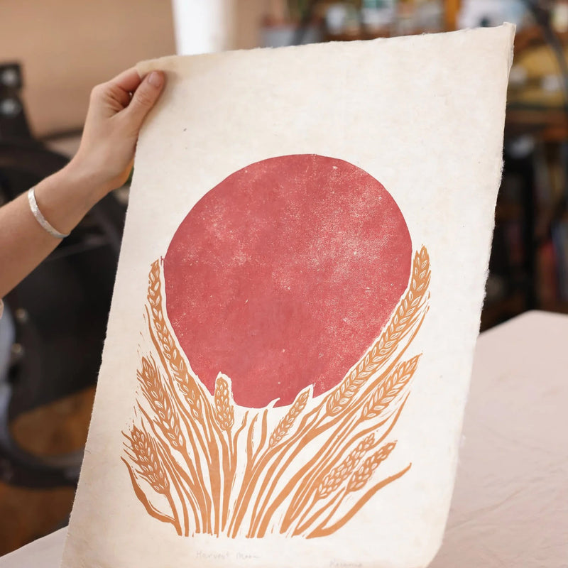 Handprinted Linocut Red Moon - Ochre Wheat