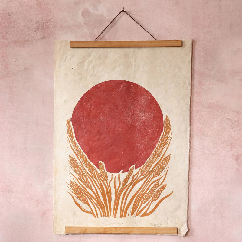 Handprinted Linocut Red Moon - Ochre Wheat
