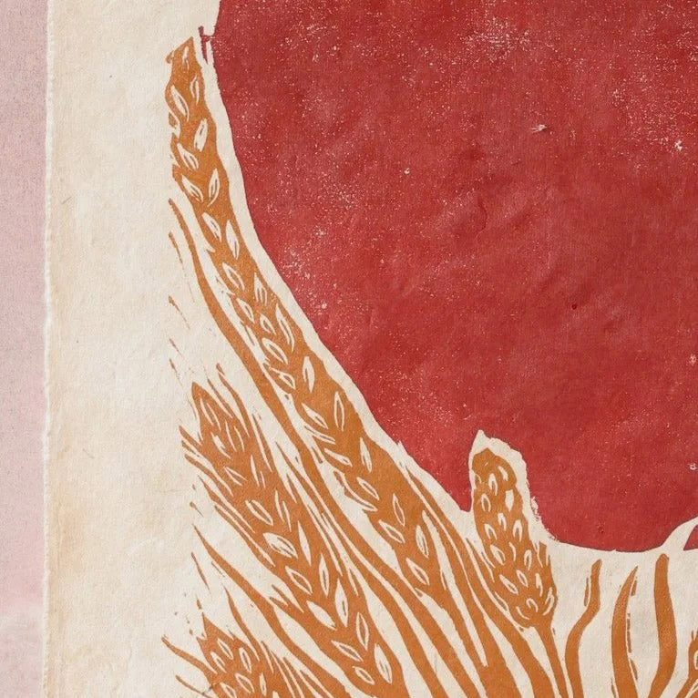 Handprinted Linocut Red Moon - Ochre Wheat
