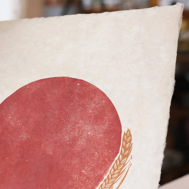 Handprinted Linocut Red Moon - Ochre Wheat