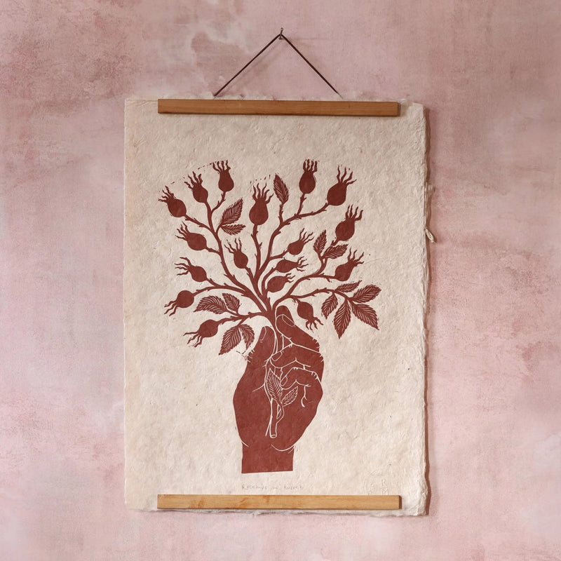 Handprinted Linocut Rosehips - Rose Red
