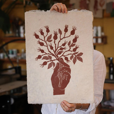 Handprinted Linocut Rosehips - Rose Red