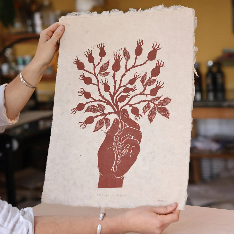Handprinted Linocut Rosehips - Rose Red