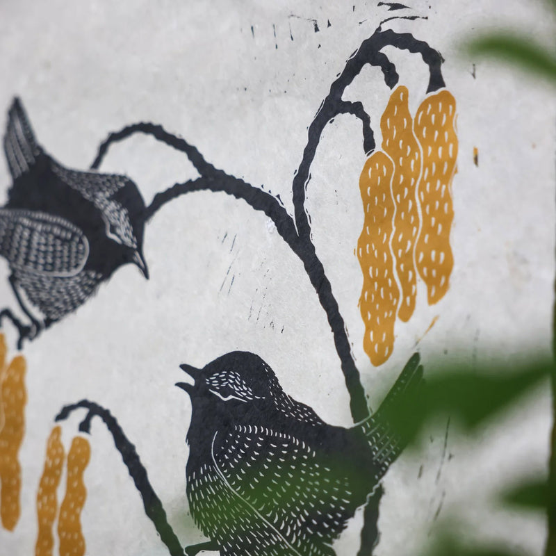 Handprinted Linocut - Wrens & Catkins