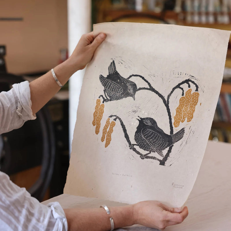 Handprinted Linocut - Wrens & Catkins