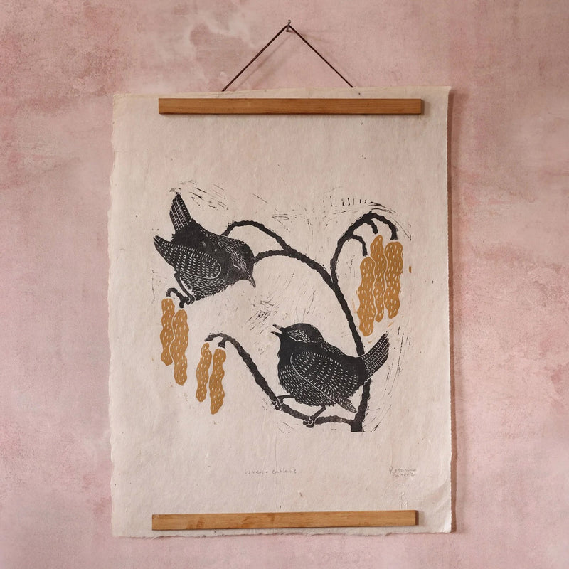 Handprinted Linocut - Wrens & Catkins