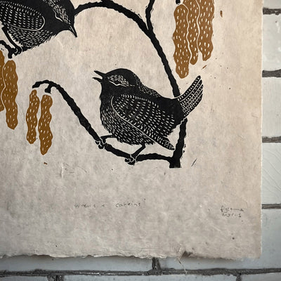 Handprinted Linocut - Wrens & Catkins