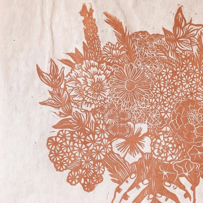 Handprinted Linocut Bunch of Blooms - Orange/Brown