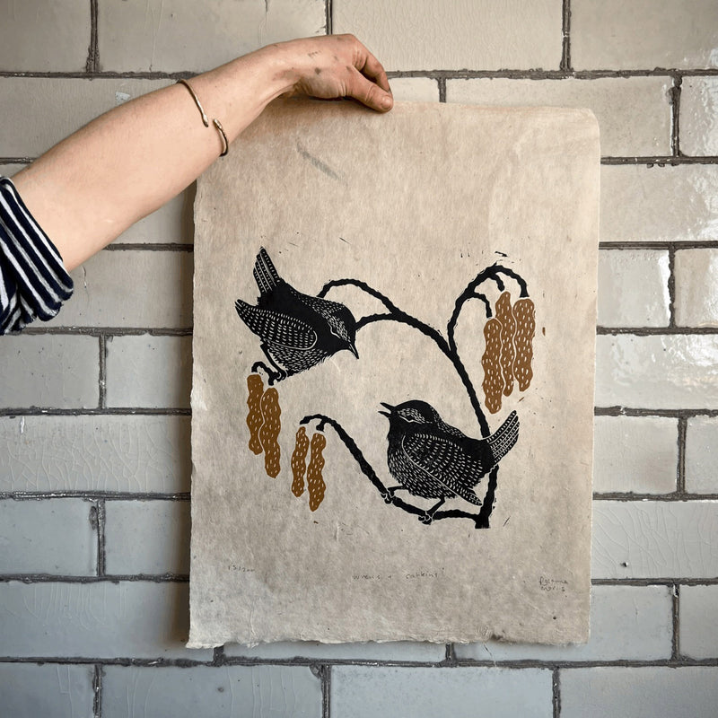 Handprinted Linocut - Wrens & Catkins