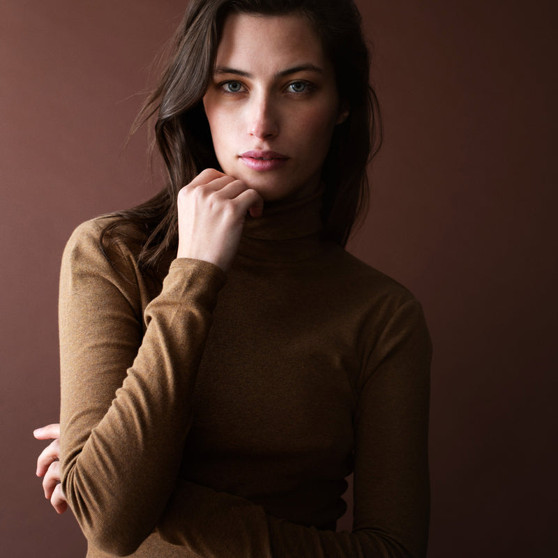 Women's Cotton Turtleneck Top - Almond Melange